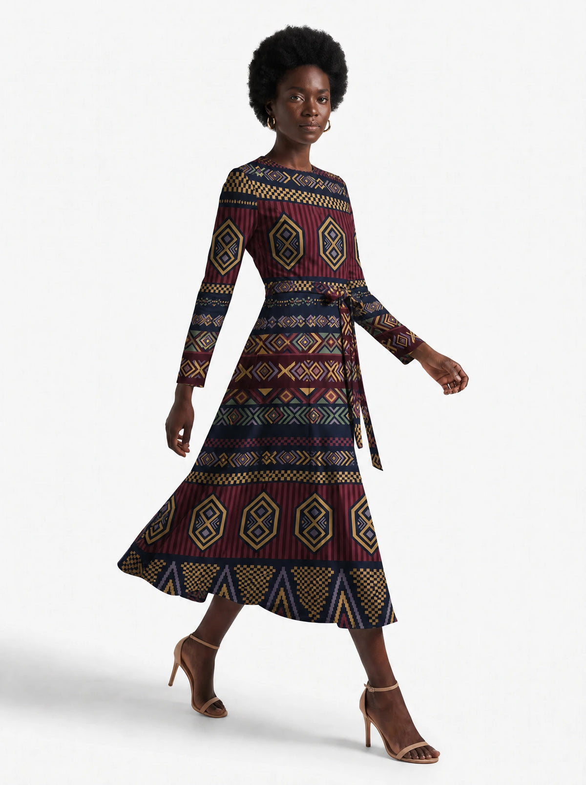 "Msuko" Long Sleeve Midaxi Dress — three-quarter view on model, hand in the side pocket