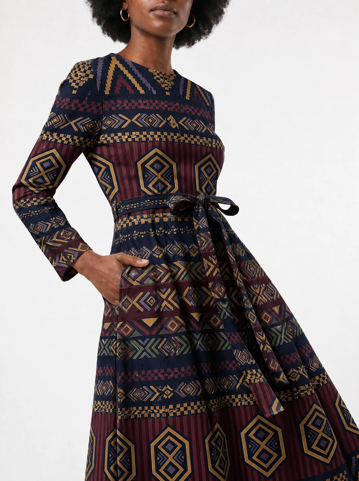 "Msuko" Long Sleeve Midaxi Dress — close-up of the tie sash and the in-seam side pocket