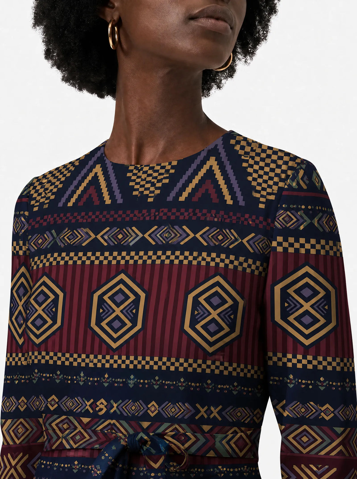 "Msuko" Long Sleeve Midaxi Dress — close-up of the round neckline and long sleeve