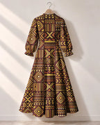 "Mudcloth" Long Puff Sleeve Dress