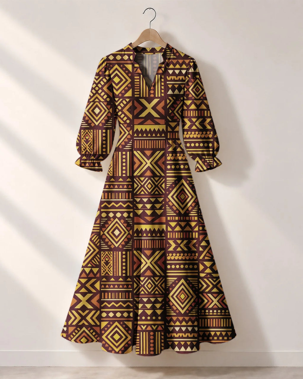 "Mudcloth" Long Puff Sleeve Dress