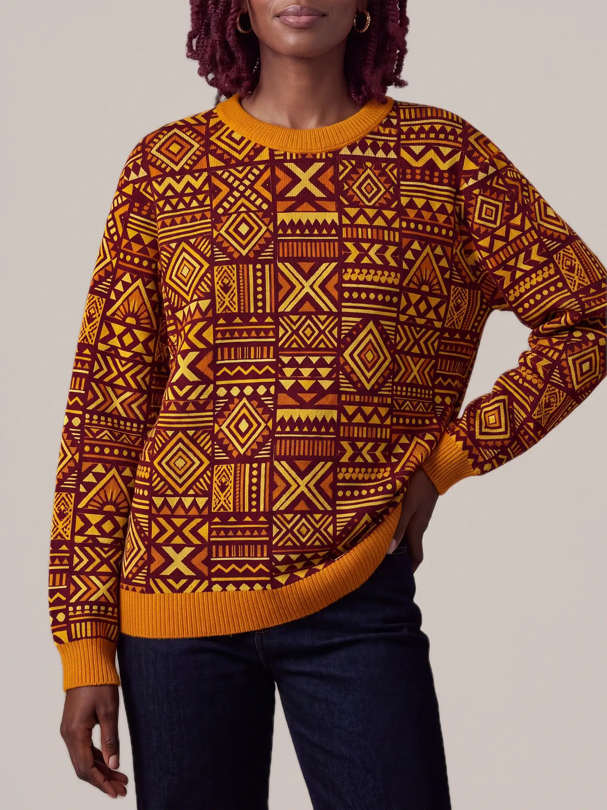 "Mudcloth" Sweatshirt — styled view on model