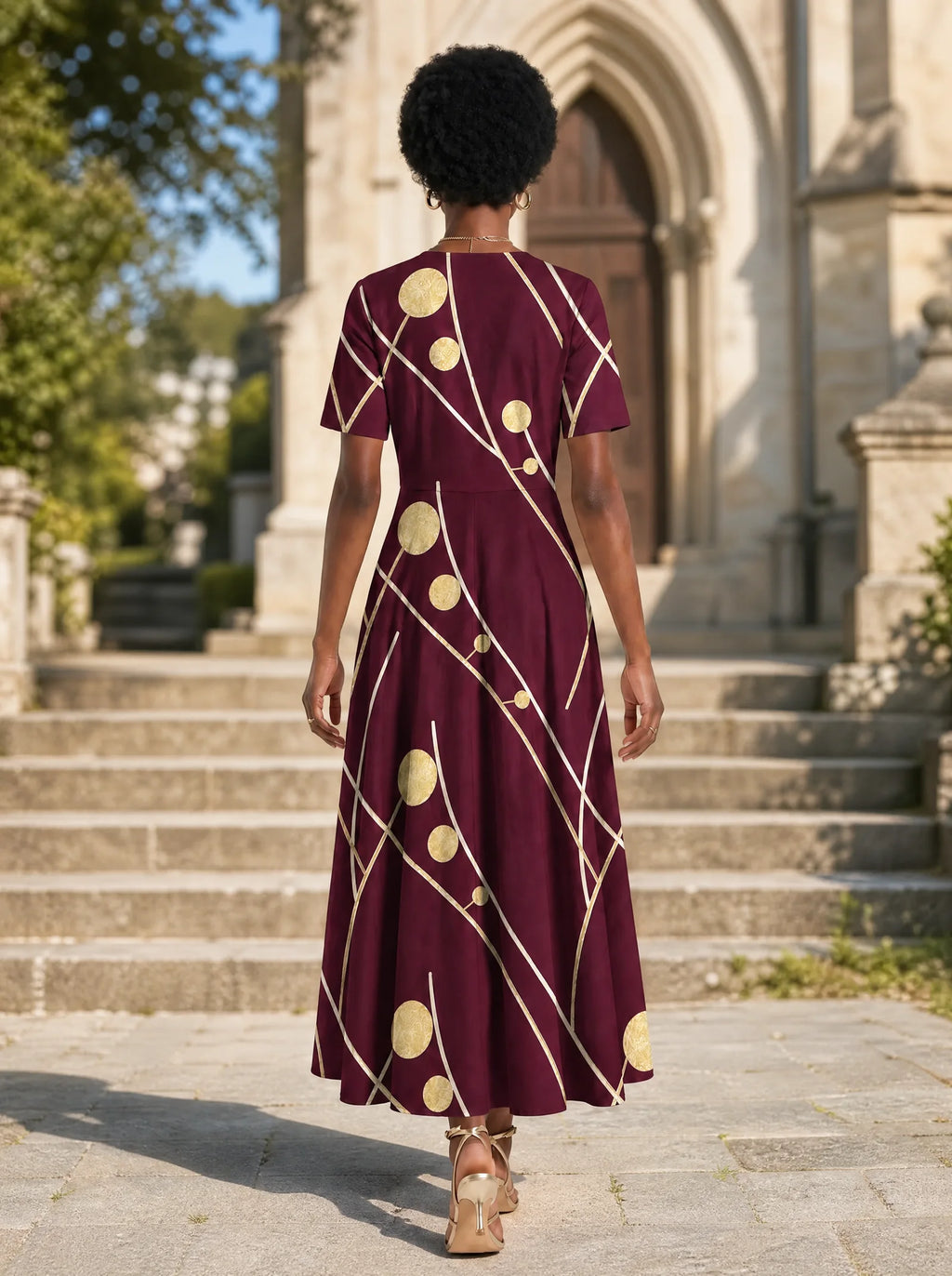 "Mvinyo" Short Sleeve Maxi Dress — back view on model in the churchyard