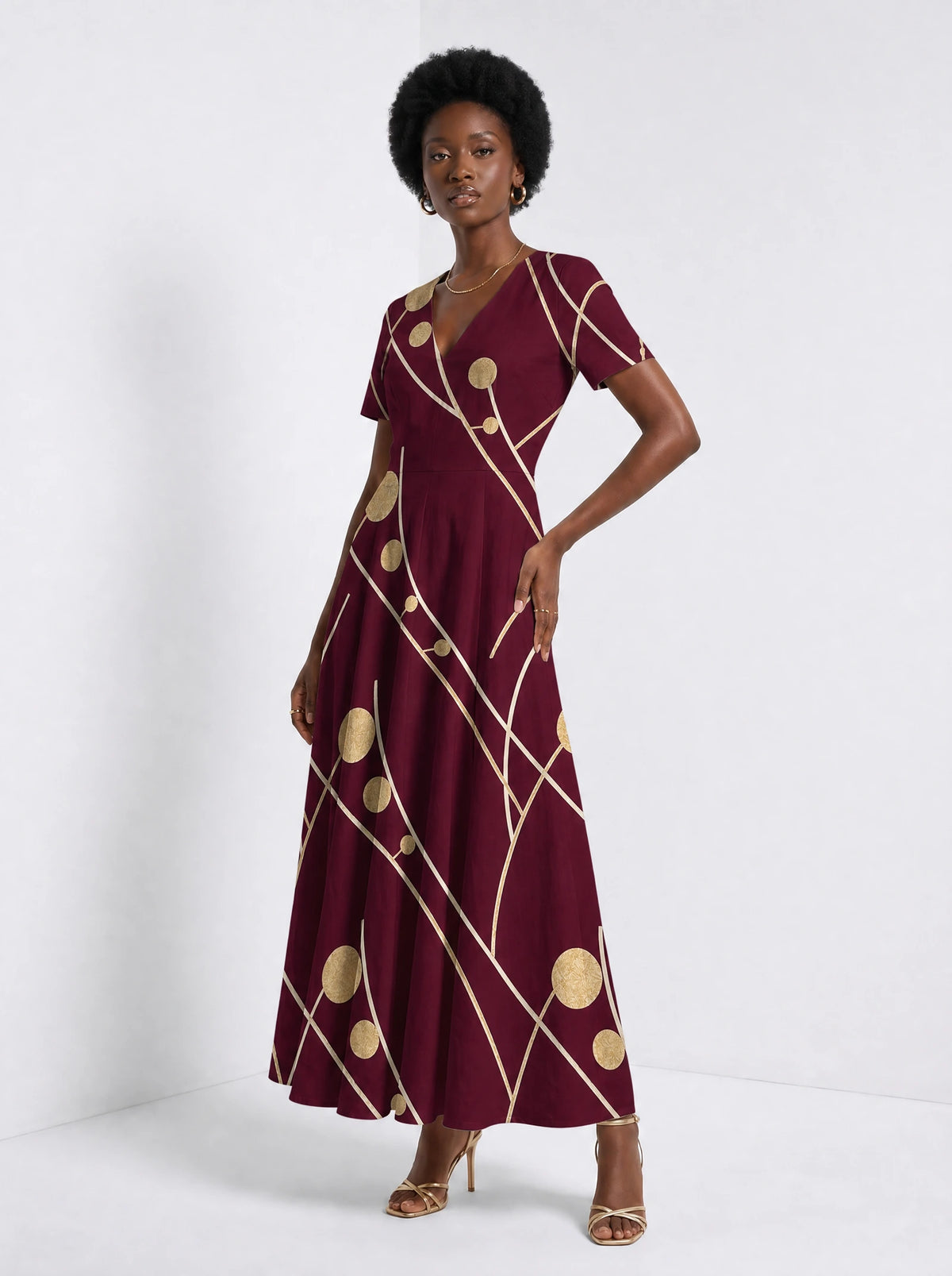 "Mvinyo" Short Sleeve Maxi Dress — walking, three-quarter view on model