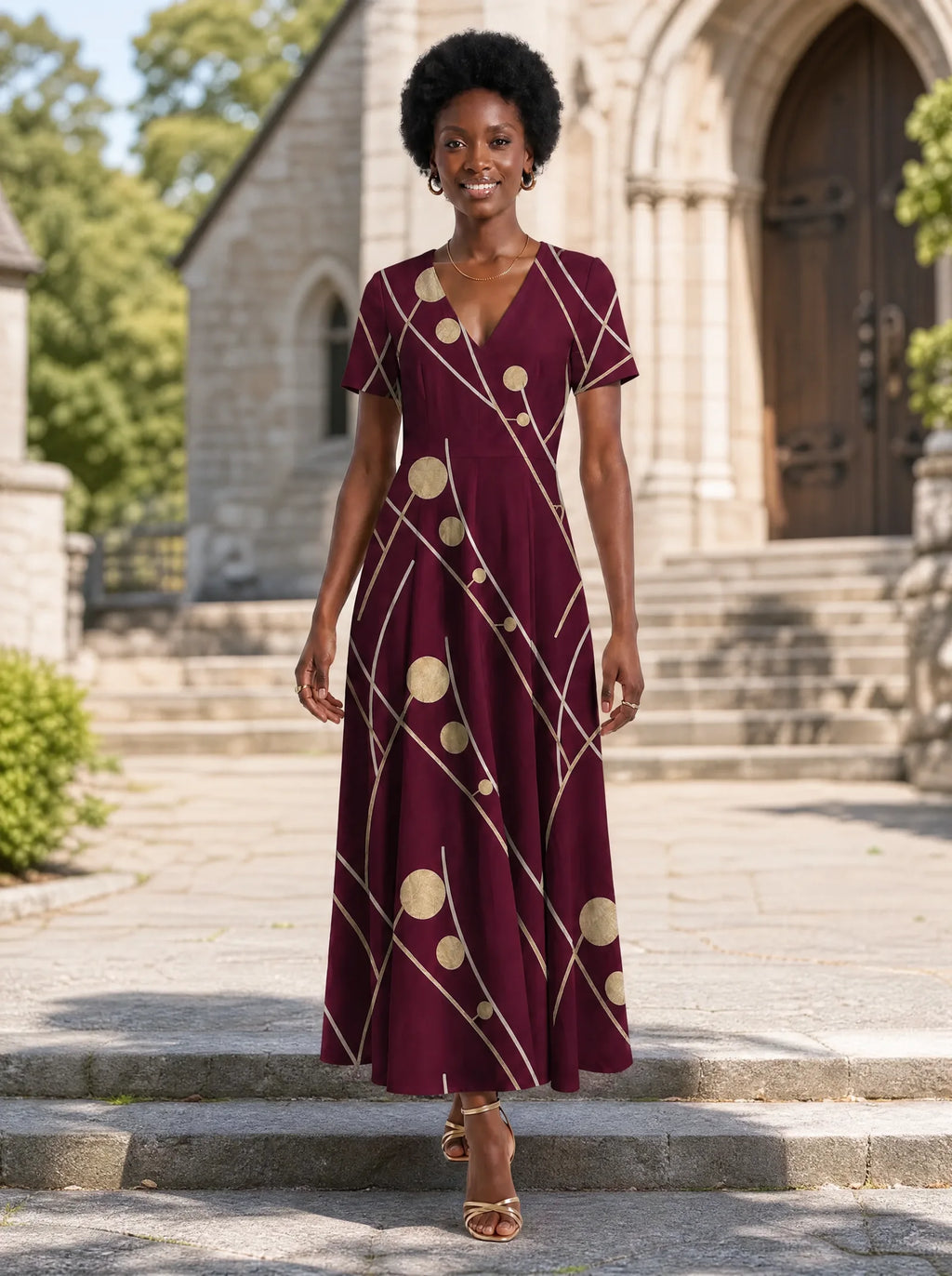 "Mvinyo" Short Sleeve Maxi Dress — front view on model in the churchyard