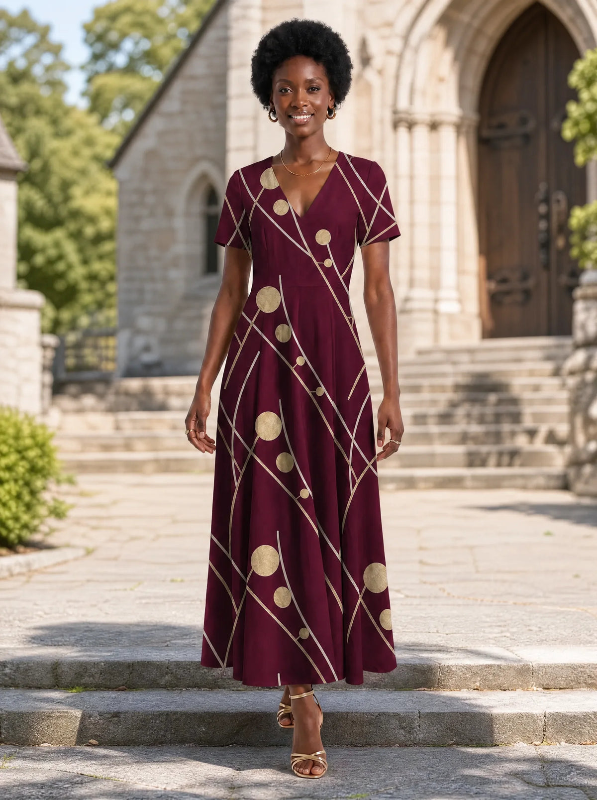 "Mvinyo" Short Sleeve Maxi Dress — front view on model in the churchyard
