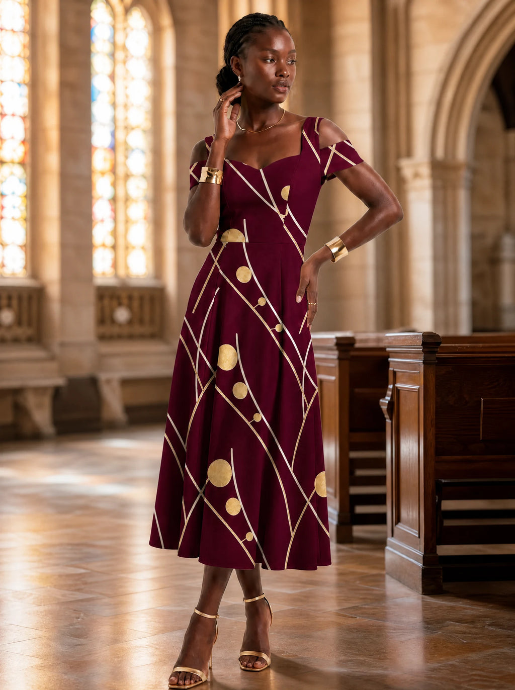 "Mvinyo" Sweetheart Midi Dress — on model inside a church