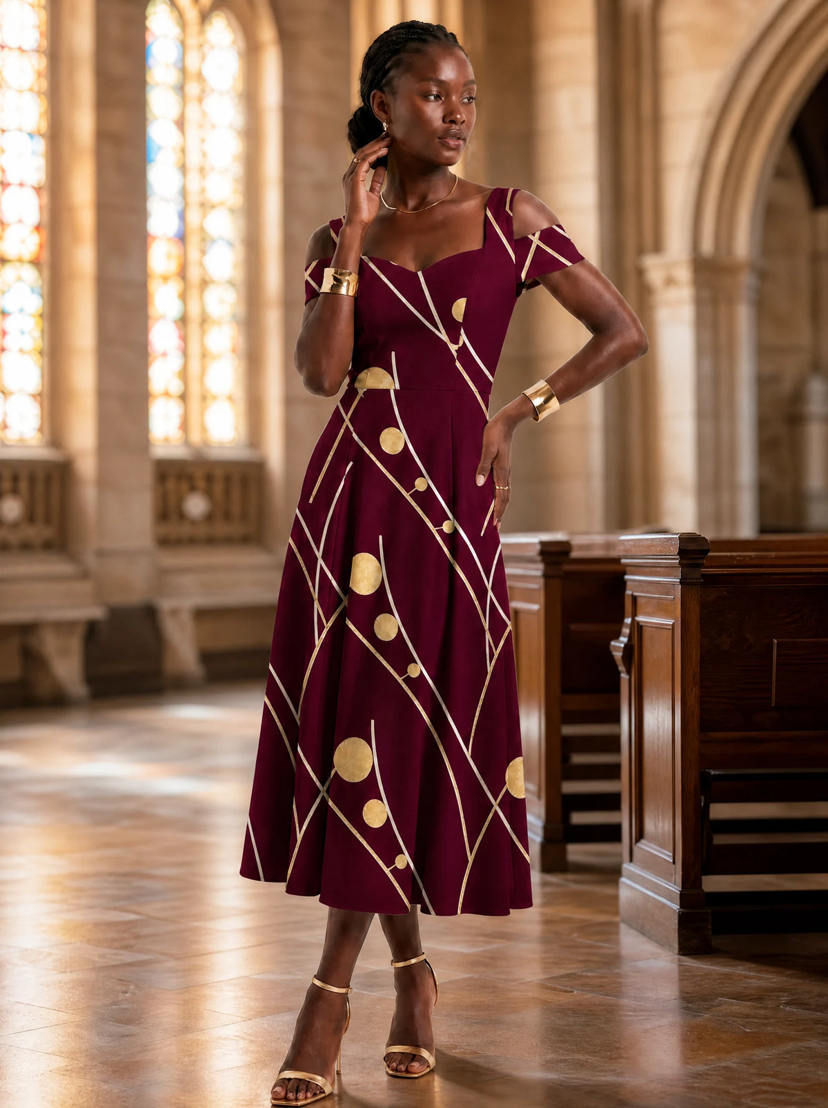 "Mvinyo" Sweetheart Midi Dress — on model inside a church
