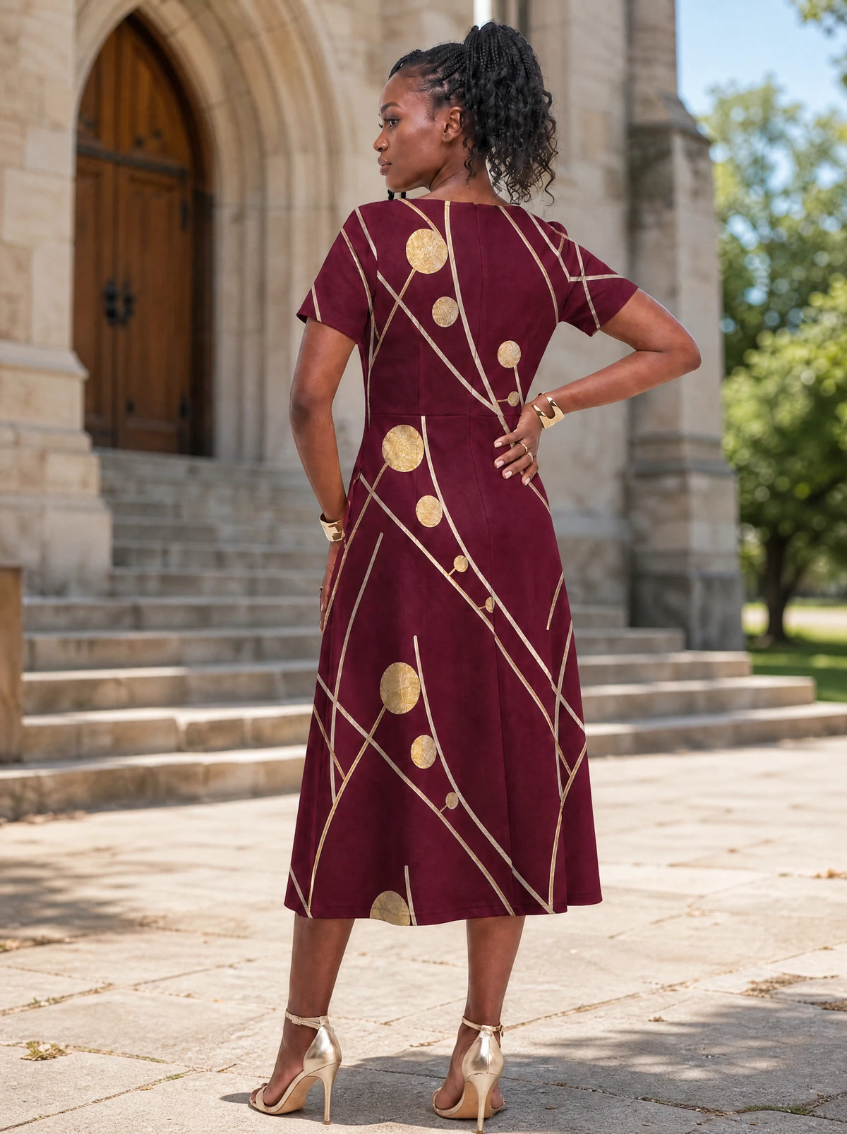 "Mvinyo" Sweetheart Midi Dress — back view on model in the churchyard