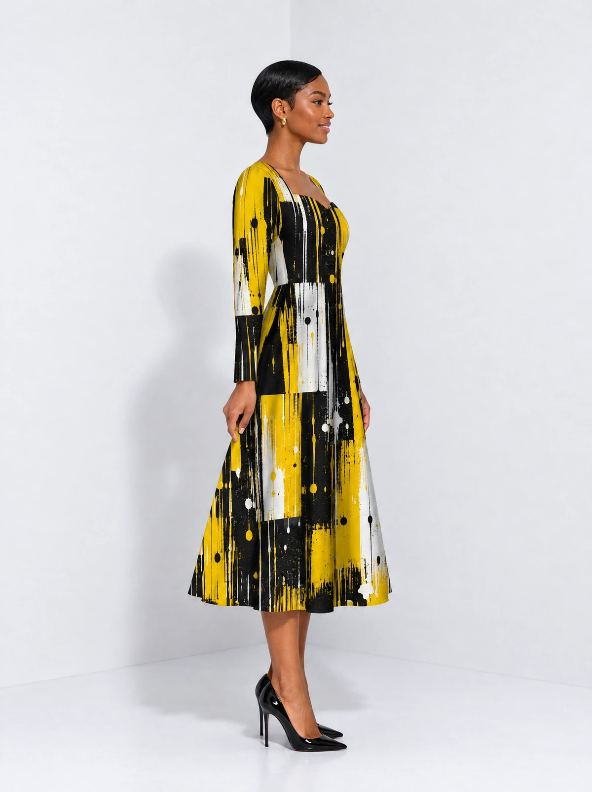 "Mvua" Long Sleeve Sweetheart Midi Dress — side view on model