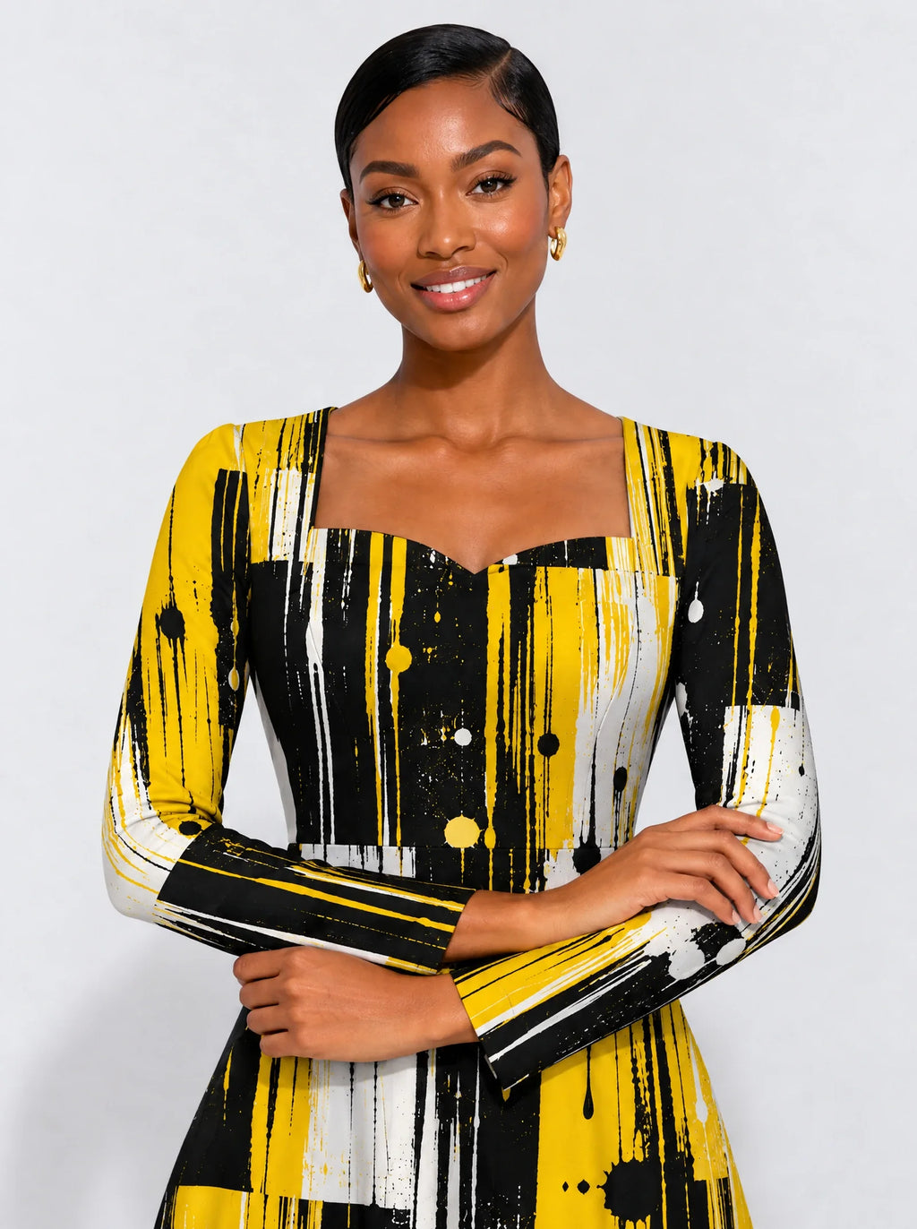 "Mvua" Long Sleeve Sweetheart Midi Dress — print close-up on model