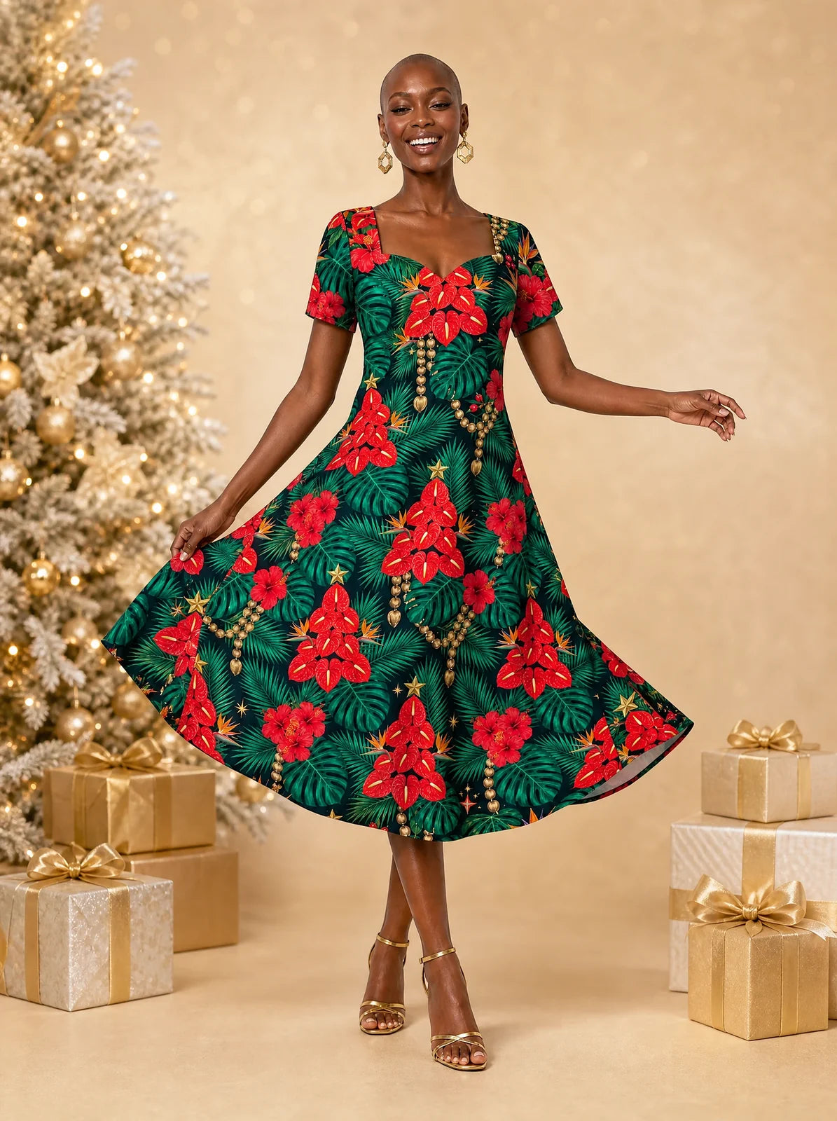 "Mvuli" Sweetheart Midi Dress — on model, Christmas backdrop