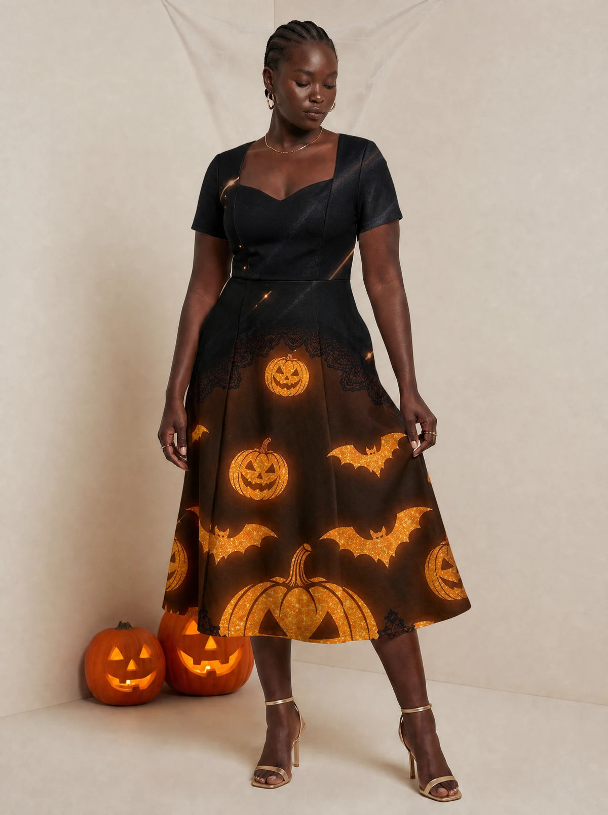 "Mwako" Halloween Sweetheart Midi Dress — front view on model