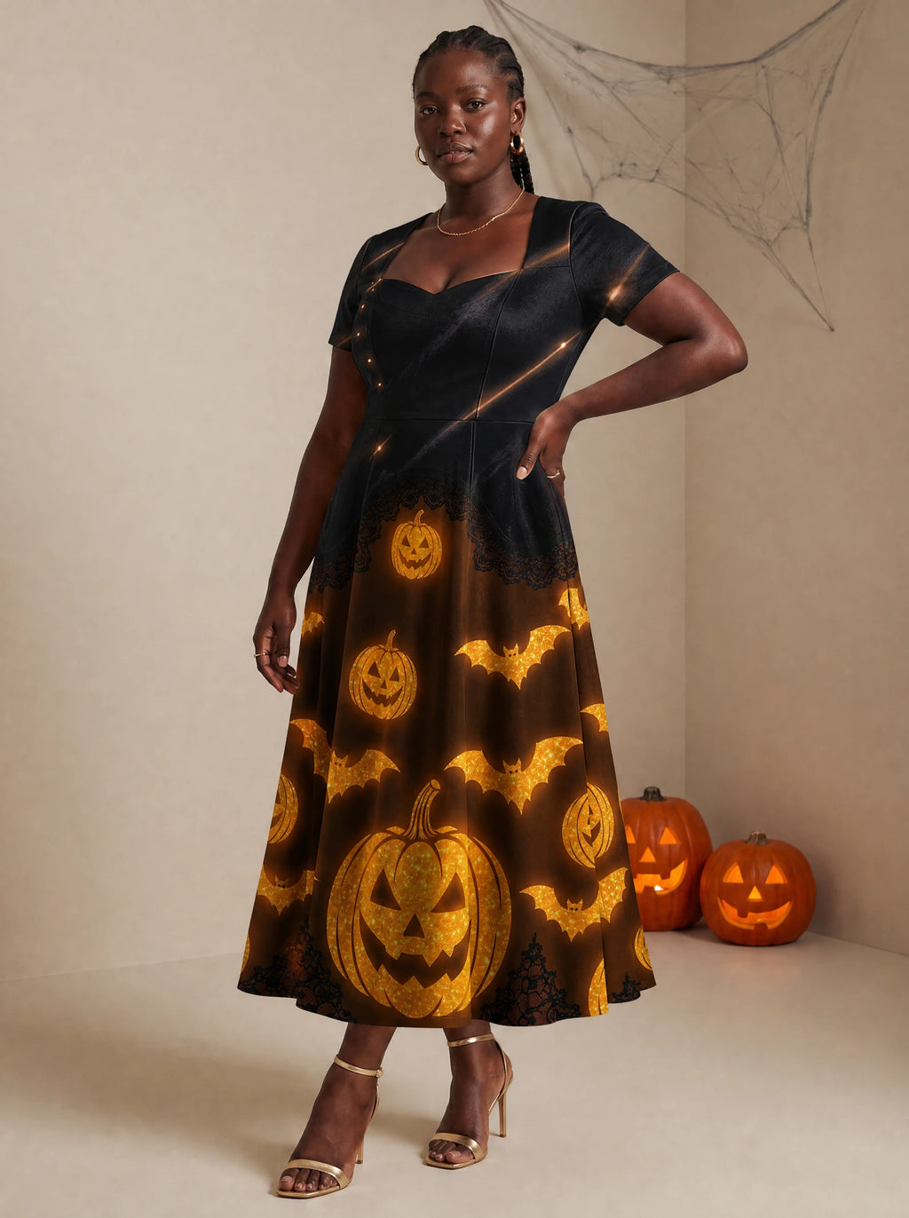 "Mwako" Halloween Sweetheart Midi Dress — three-quarter view on model