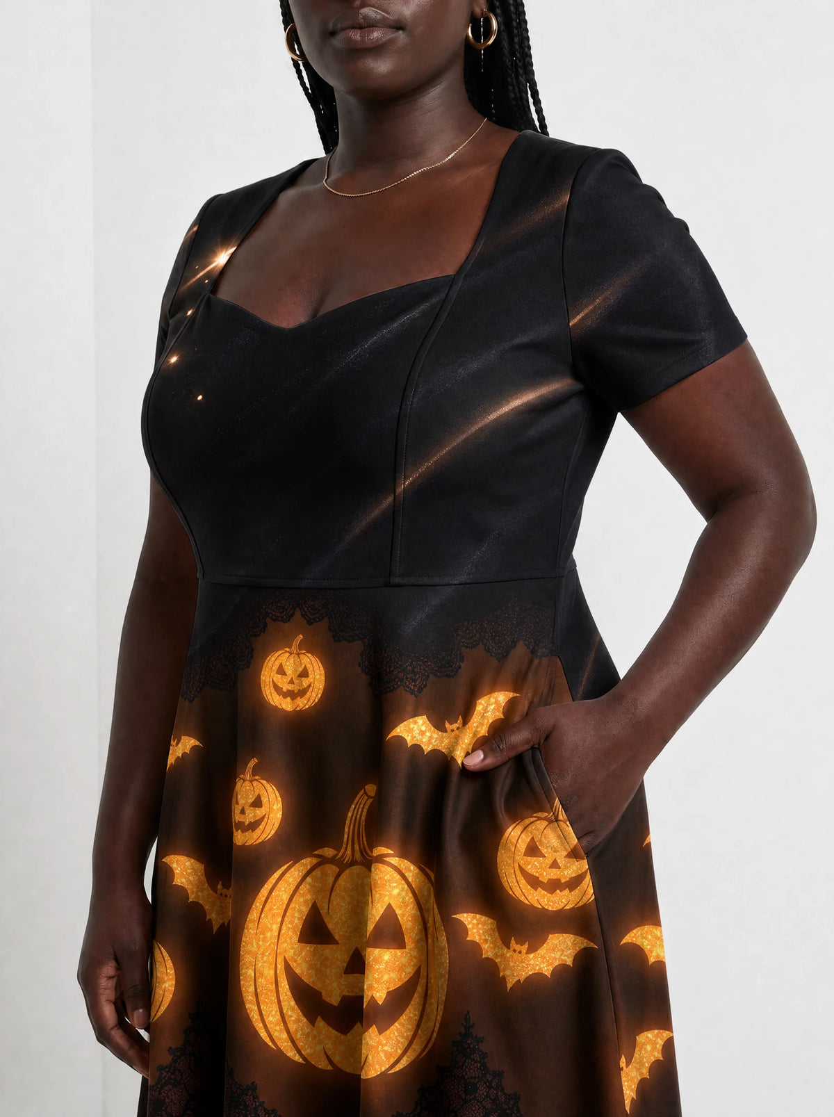 "Mwako" Halloween Sweetheart Midi Dress — close-up of the bodice and the in-seam side pocket