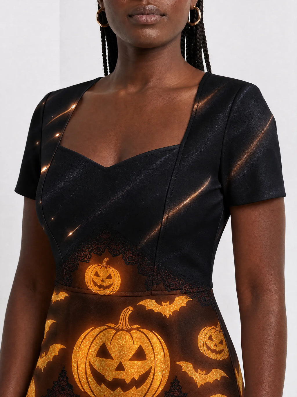 "Mwako" Halloween Sweetheart Midi Dress — close-up of the sweetheart neckline and short sleeve