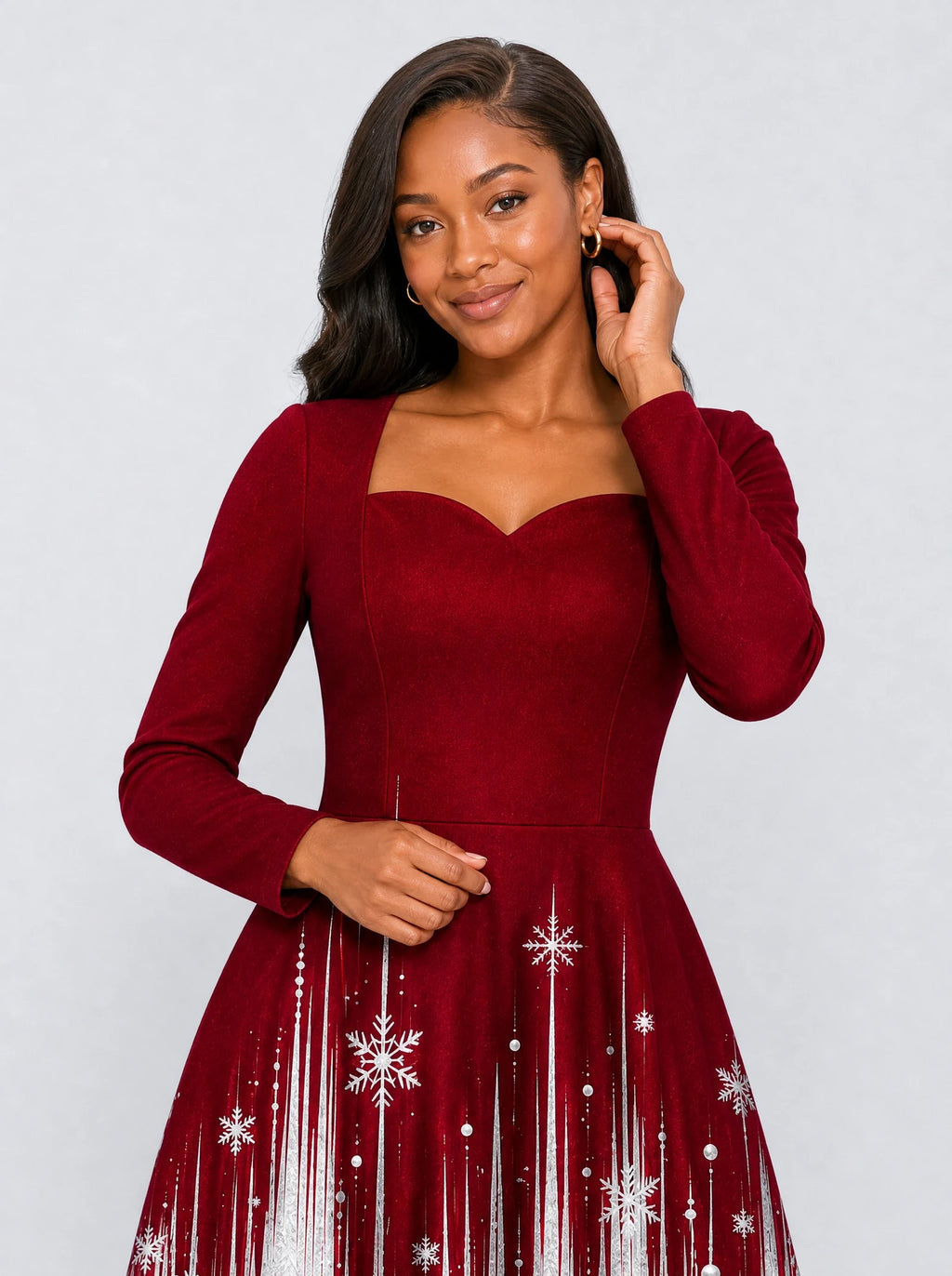 "Mwali" Long Sleeve Sweetheart Midi Dress — print close-up on model