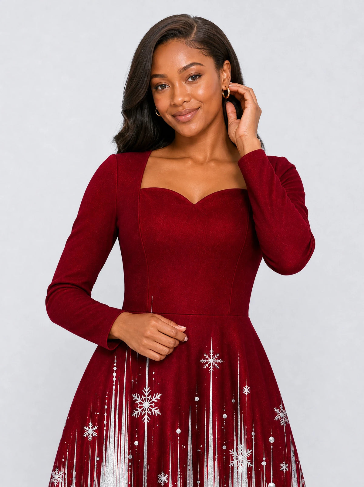 "Mwali" Long Sleeve Sweetheart Midi Dress — print close-up on model