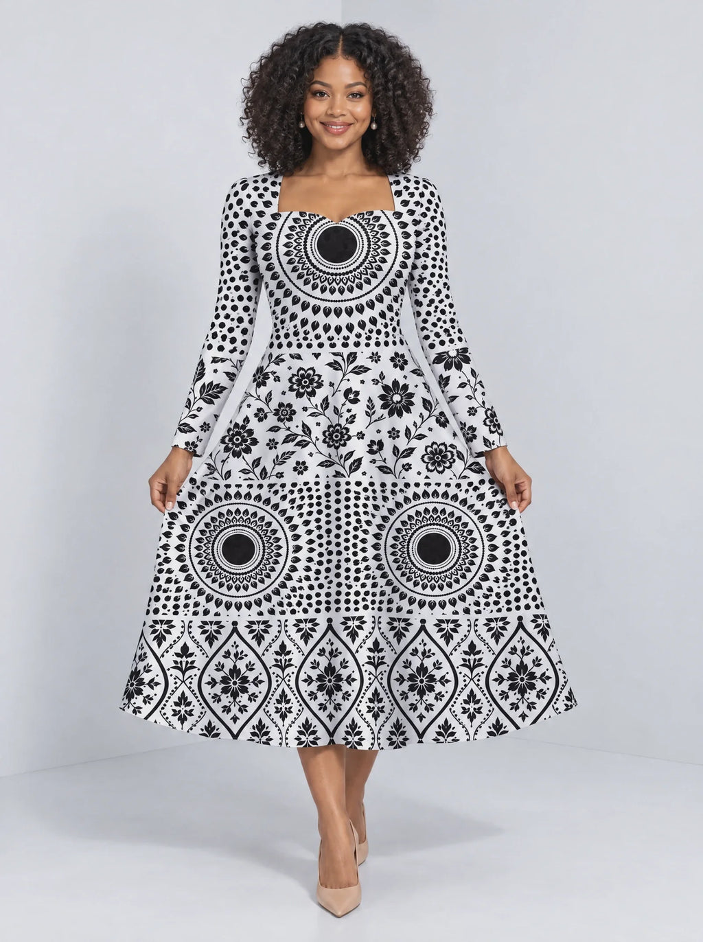 "Mwanga" Long Sleeve Sweetheart Midi Dress — front view on model