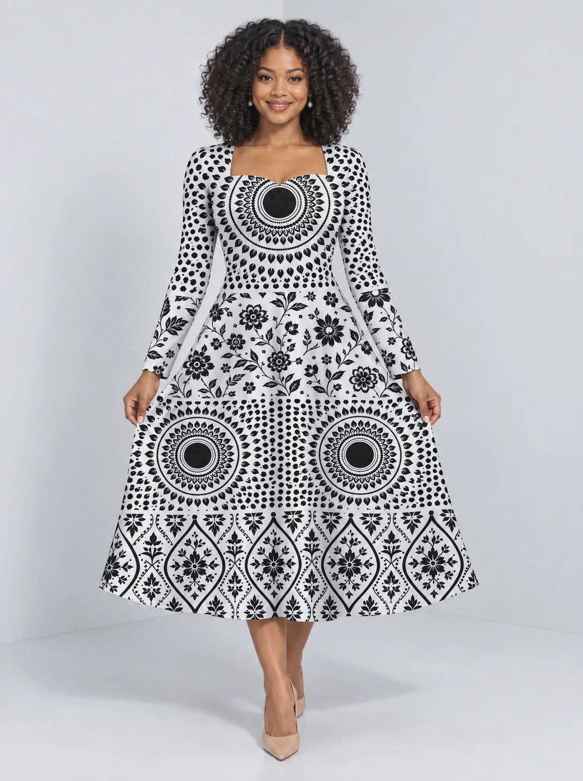 "Mwanga" Long Sleeve Sweetheart Midi Dress — front view on model