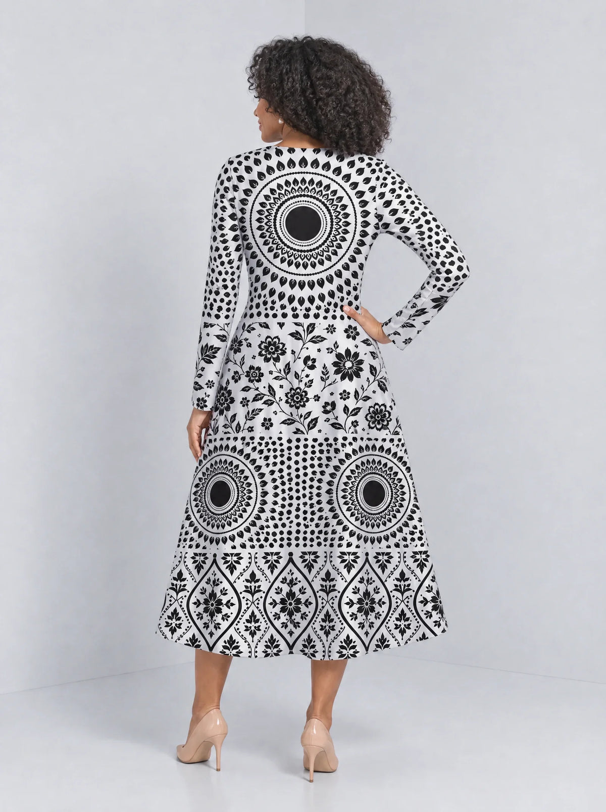 "Mwanga" Long Sleeve Sweetheart Midi Dress — back view on model