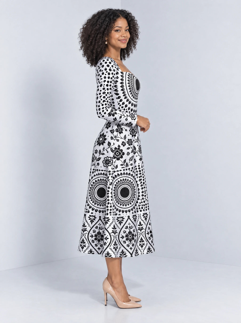 "Mwanga" Long Sleeve Sweetheart Midi Dress — side view on model