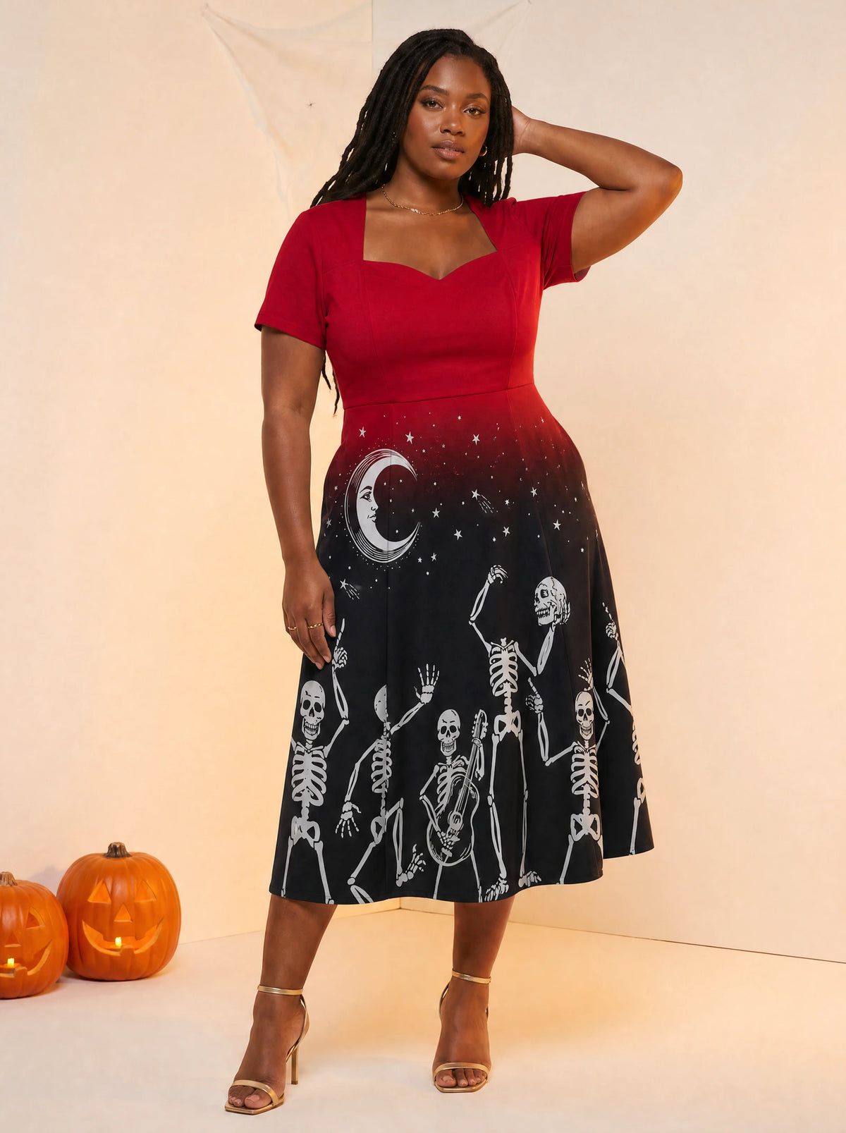 "Mwezi" Halloween Sweetheart Midi Dress — three-quarter view on model