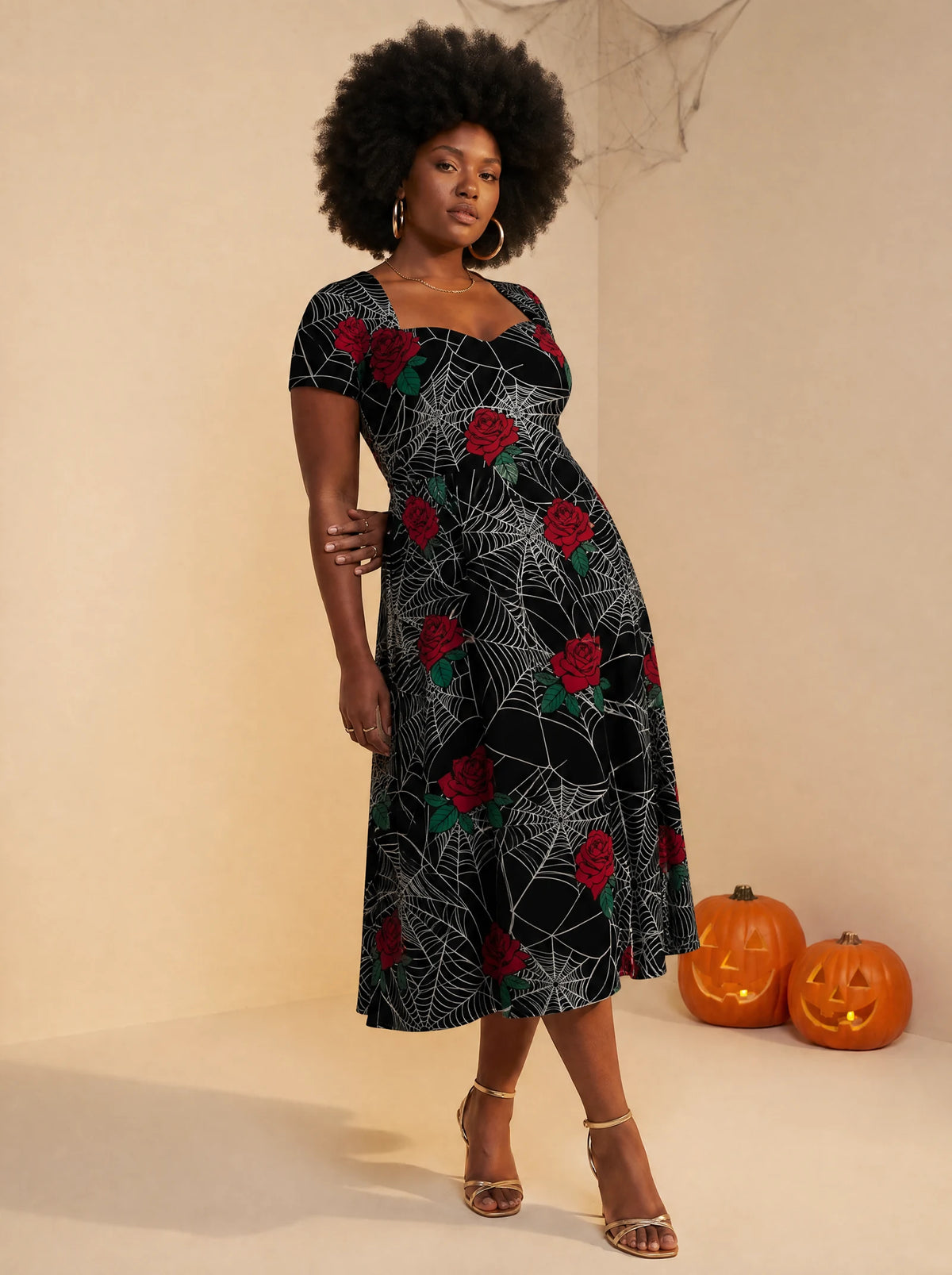 "Mwiba" Halloween Sweetheart Midi Dress — three-quarter view on model