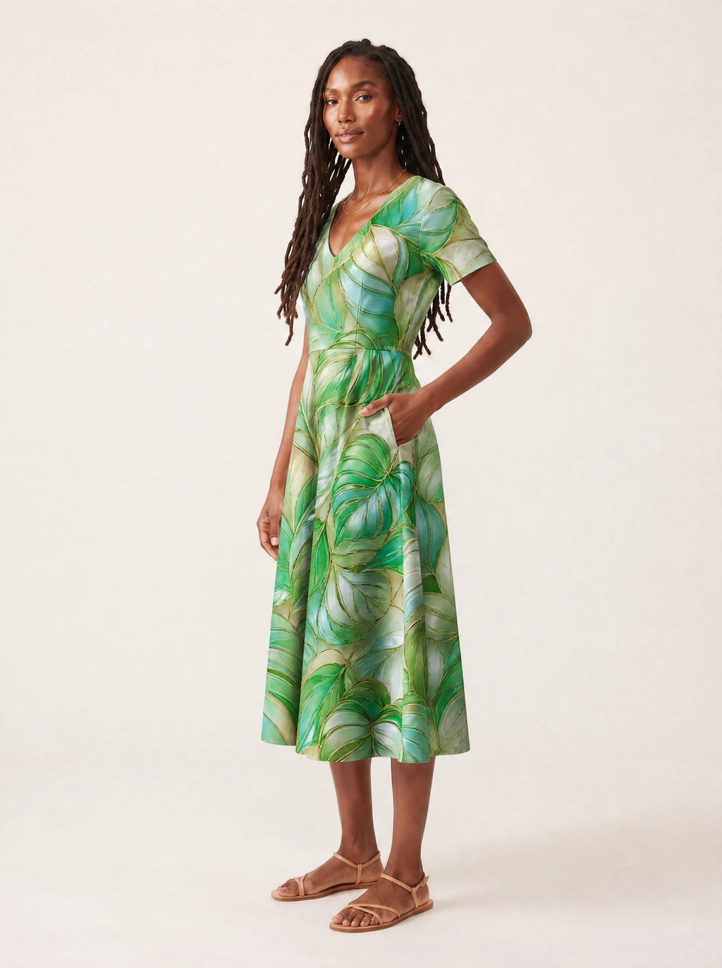 "Mwitu" V Neck Midi Dress — full body