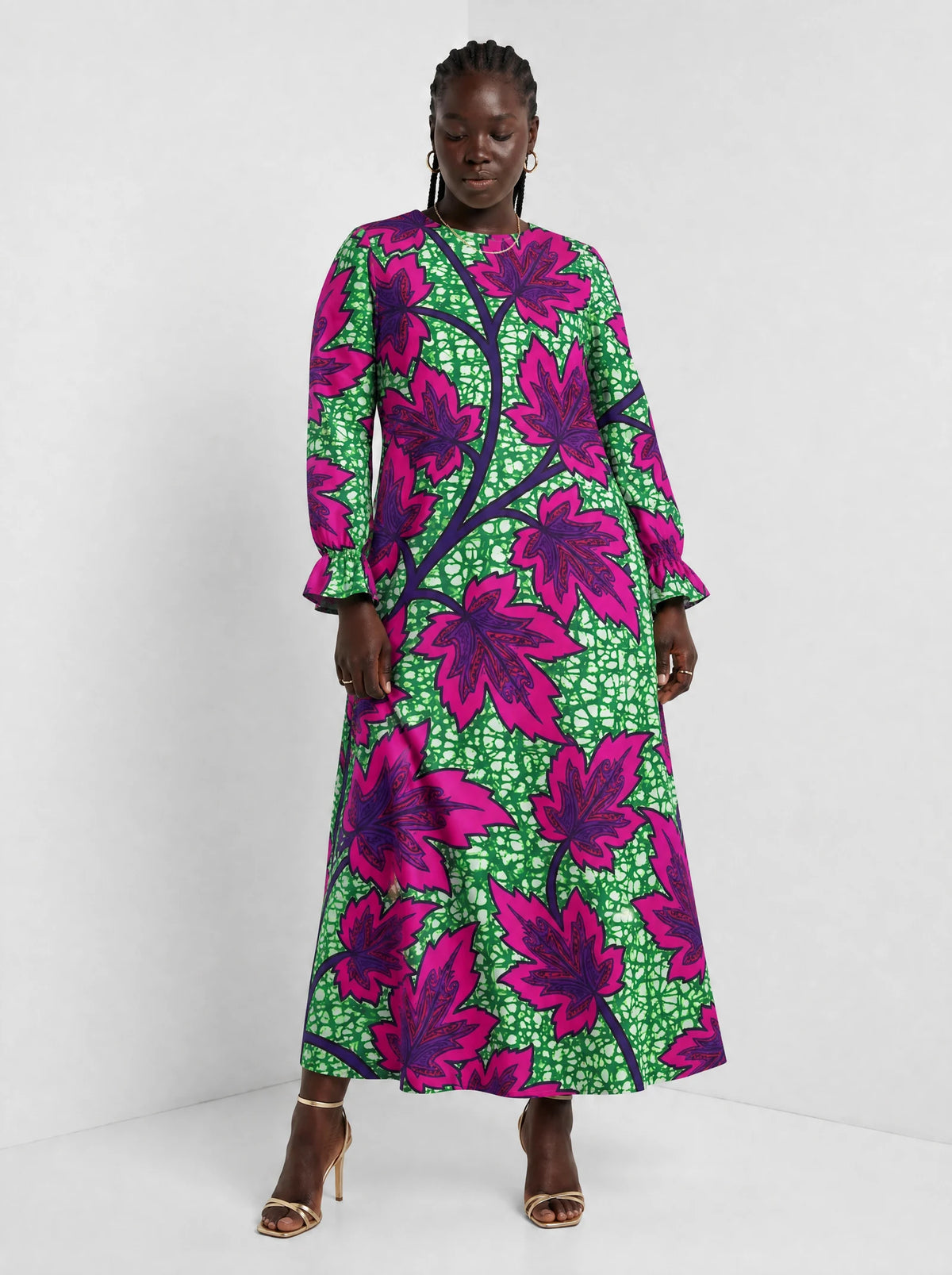 "Mzabibu" Long Sleeve Maxi Dress — front view on model