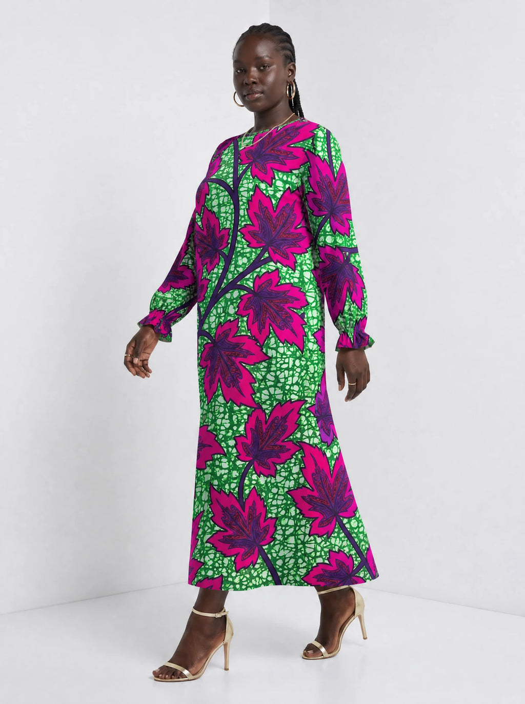 "Mzabibu" Long Sleeve Maxi Dress — three-quarter view on model