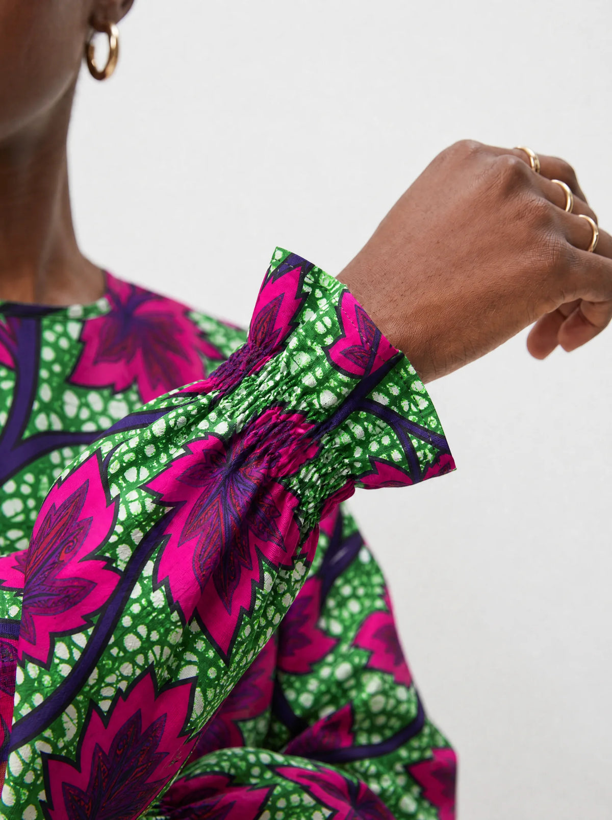 "Mzabibu" Long Sleeve Maxi Dress — close-up of the gathered ruffle cuff at the wrist