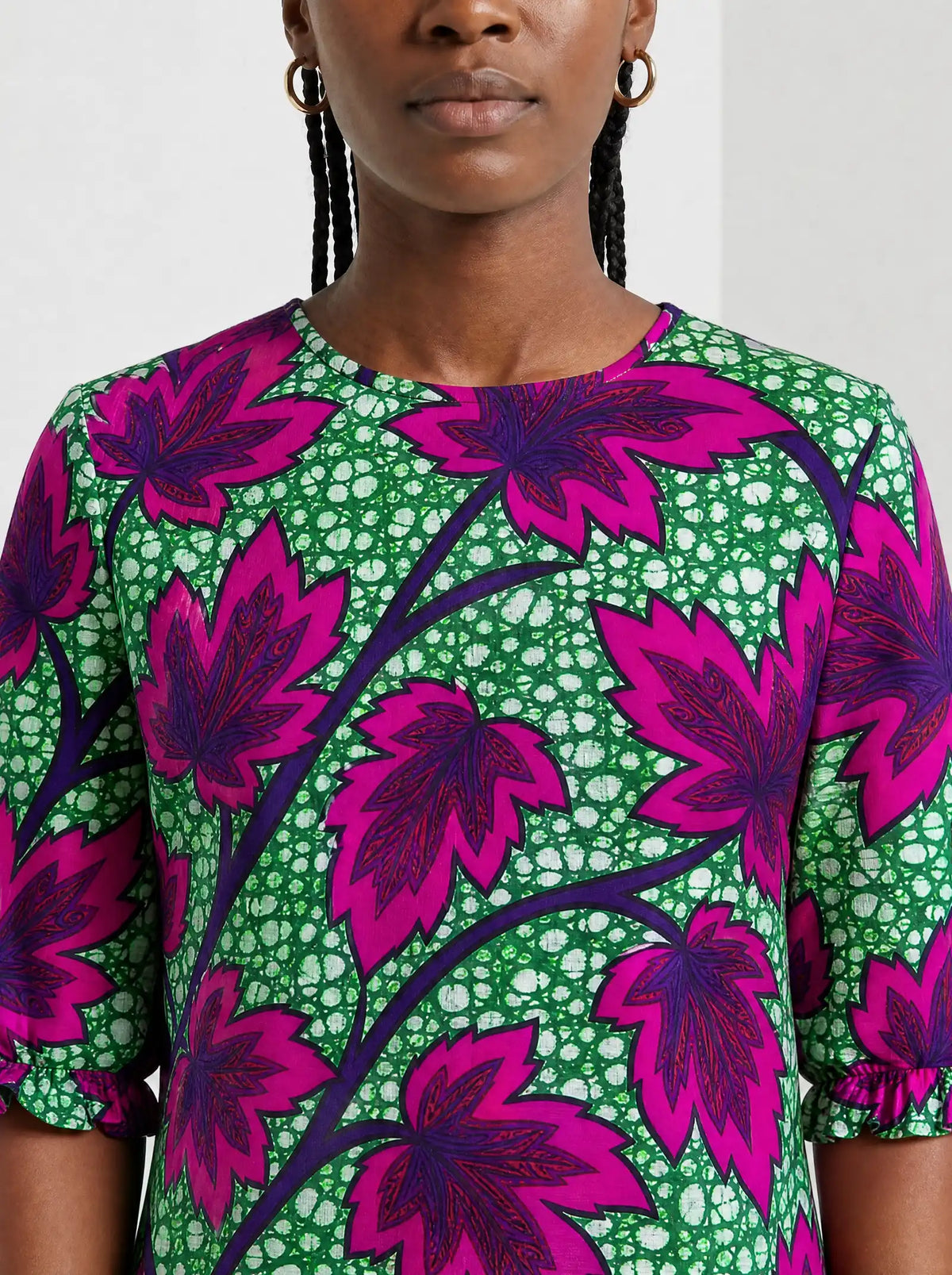 "Mzabibu" Long Sleeve Maxi Dress — close-up of the high round neckline
