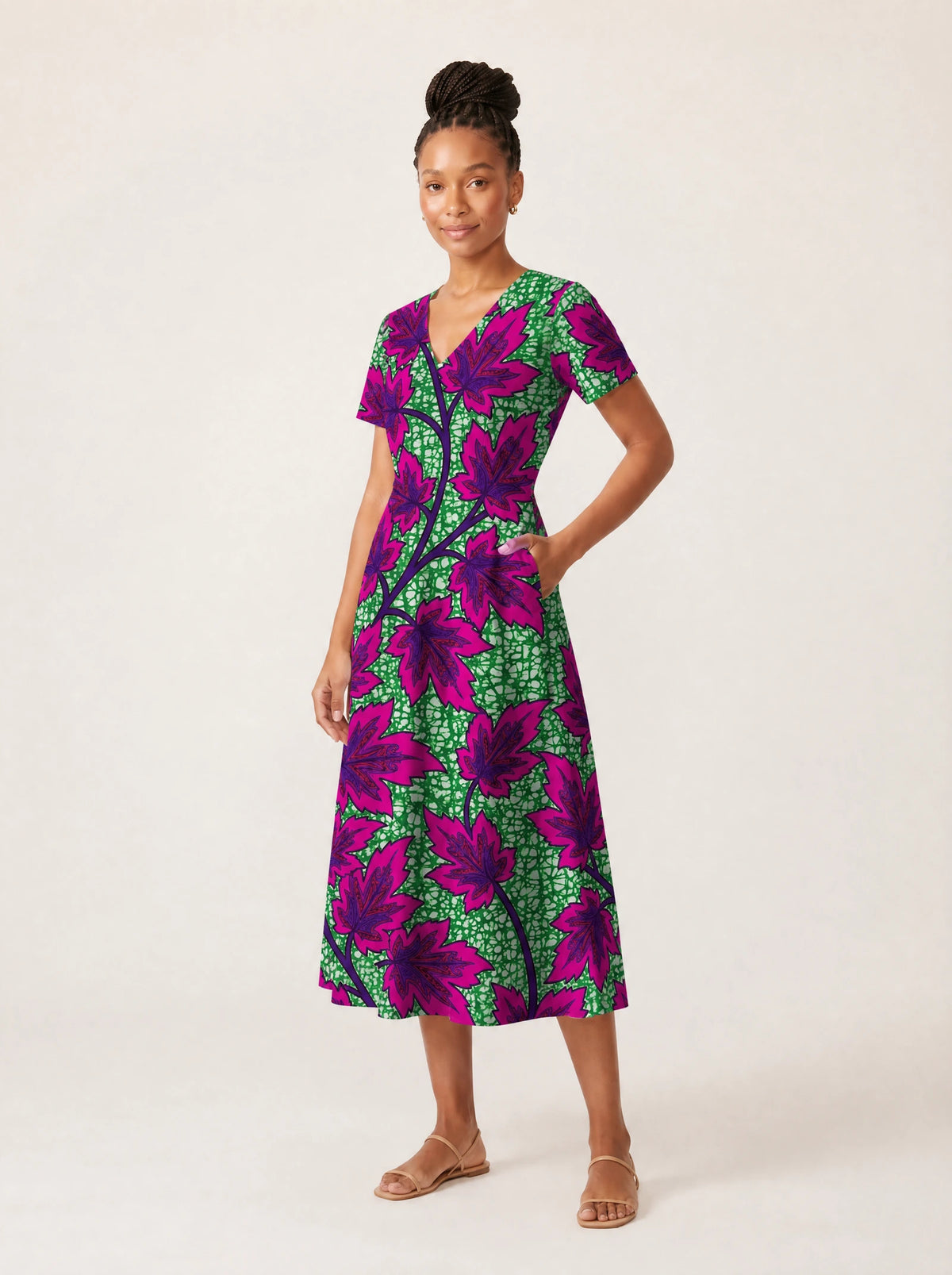 "Mzabibu" V Neck Midi Dress — full body