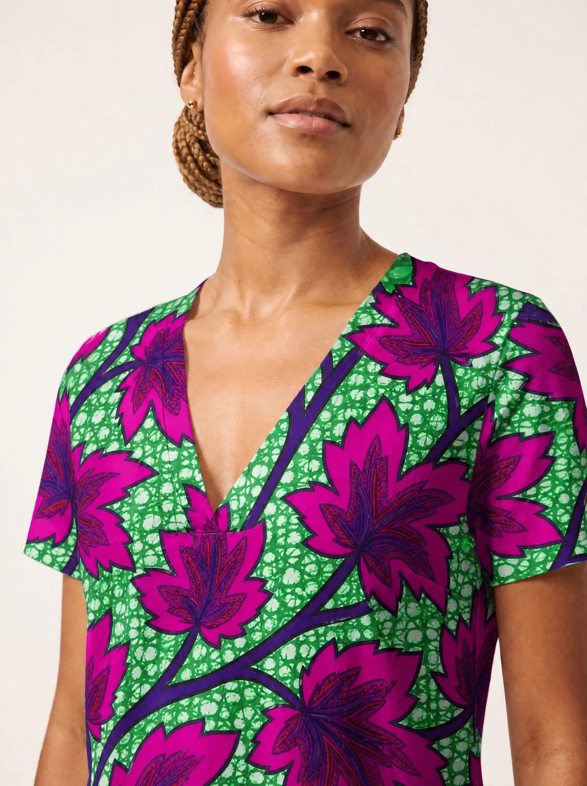"Mzabibu" V Neck Midi Dress — on model
