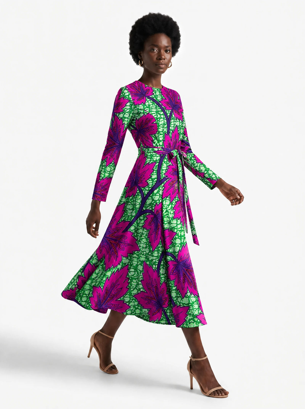 "Mzabibu" Long Sleeve Midaxi Dress — three-quarter view on model, hand in the side pocket