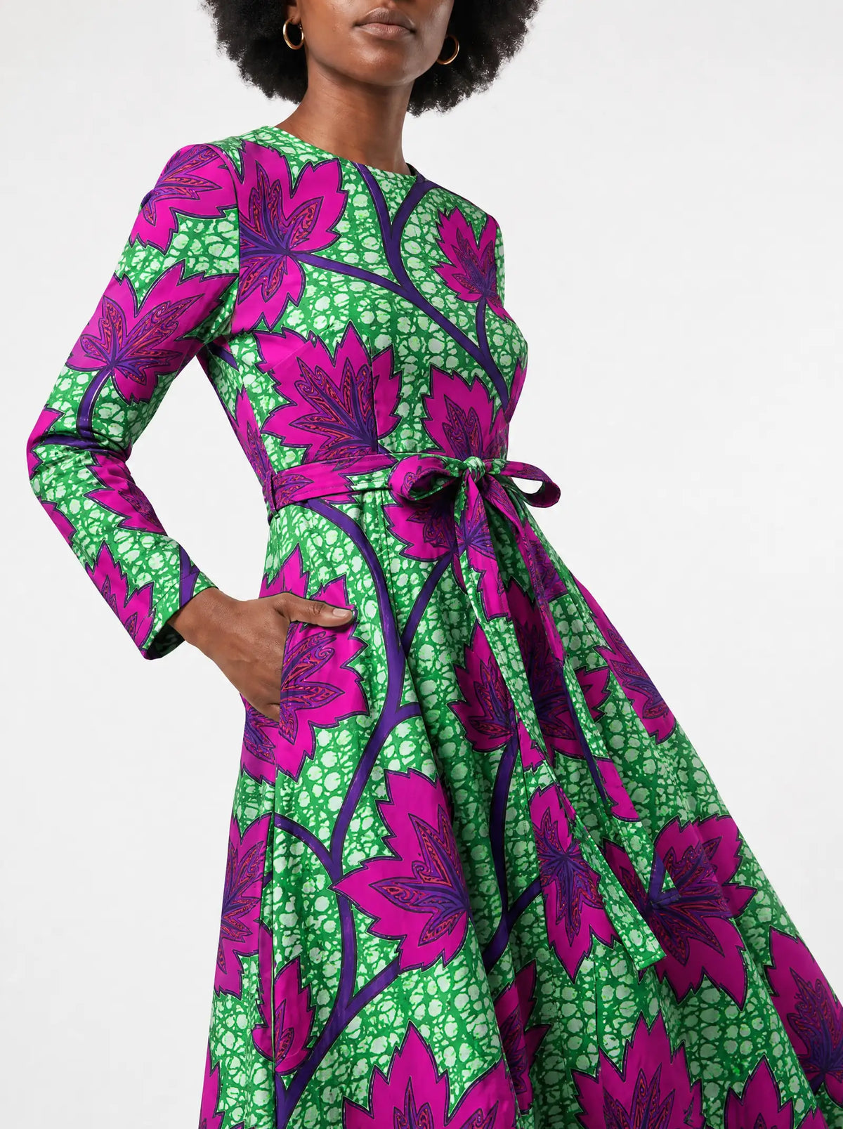 "Mzabibu" Long Sleeve Midaxi Dress — close-up of the tie sash and the in-seam side pocket