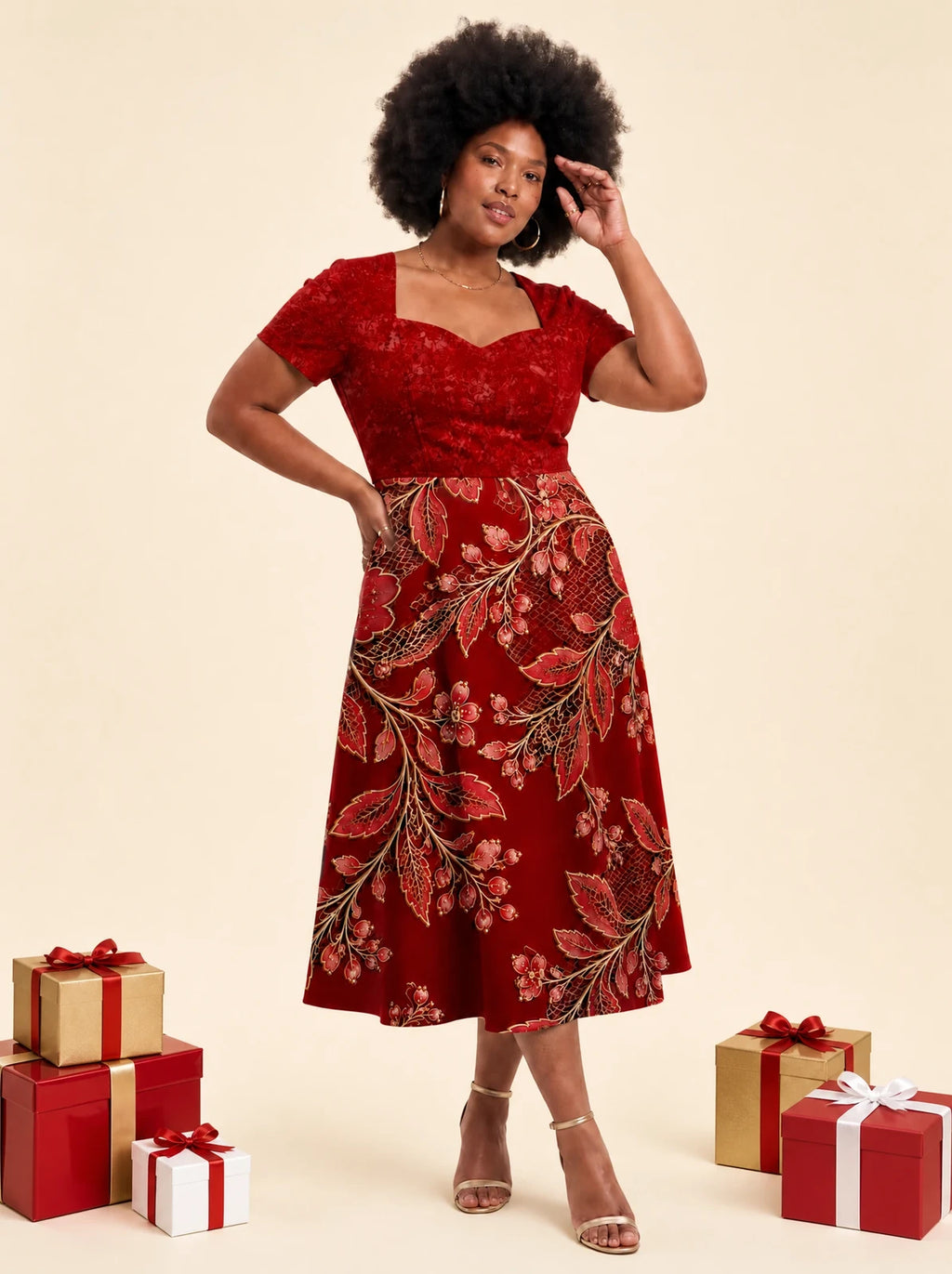 "Mzeituni" Red Sweetheart Midi Dress — on model, Christmas backdrop