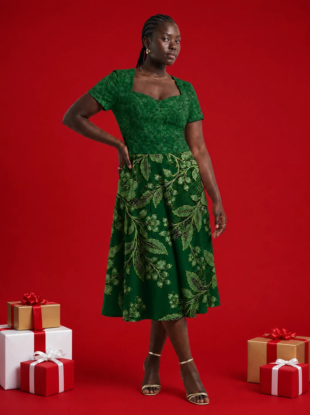 "Mzeituni" Sweetheart Midi Dress — on model, Christmas backdrop