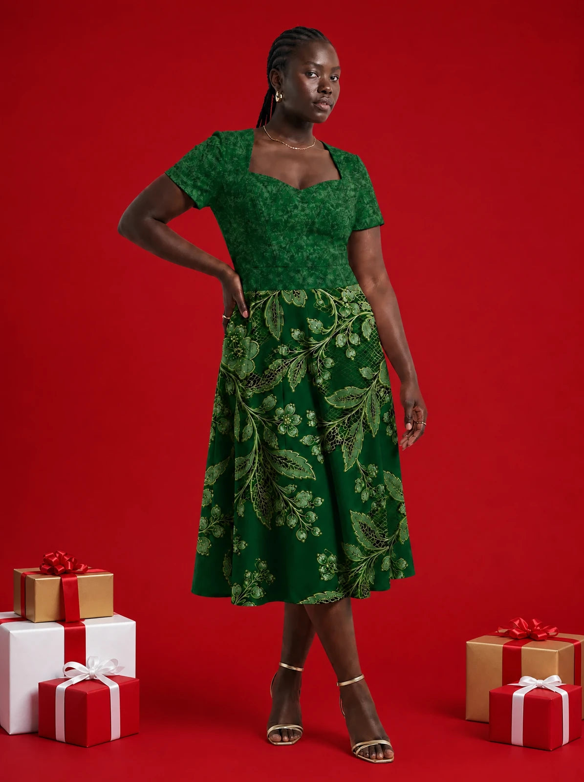"Mzeituni" Sweetheart Midi Dress — on model, Christmas backdrop