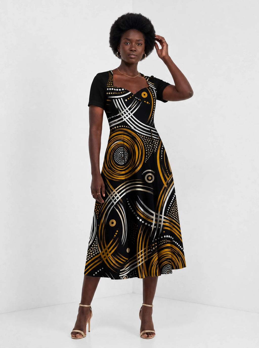 "Mzunguko" Sweetheart Midi Dress — styled on model