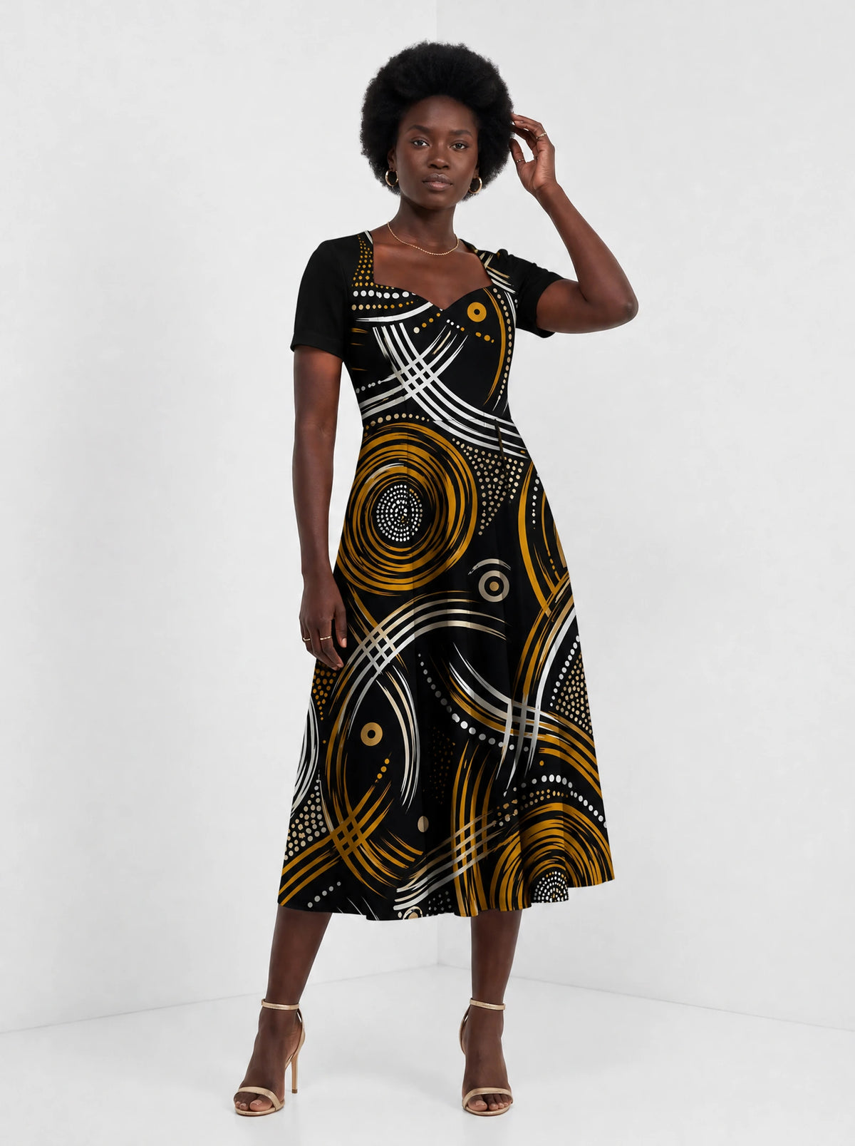 "Mzunguko" Sweetheart Midi Dress — styled on model