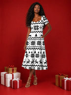 "Nakshi" Sweetheart Midi Dress — on model, Christmas backdrop