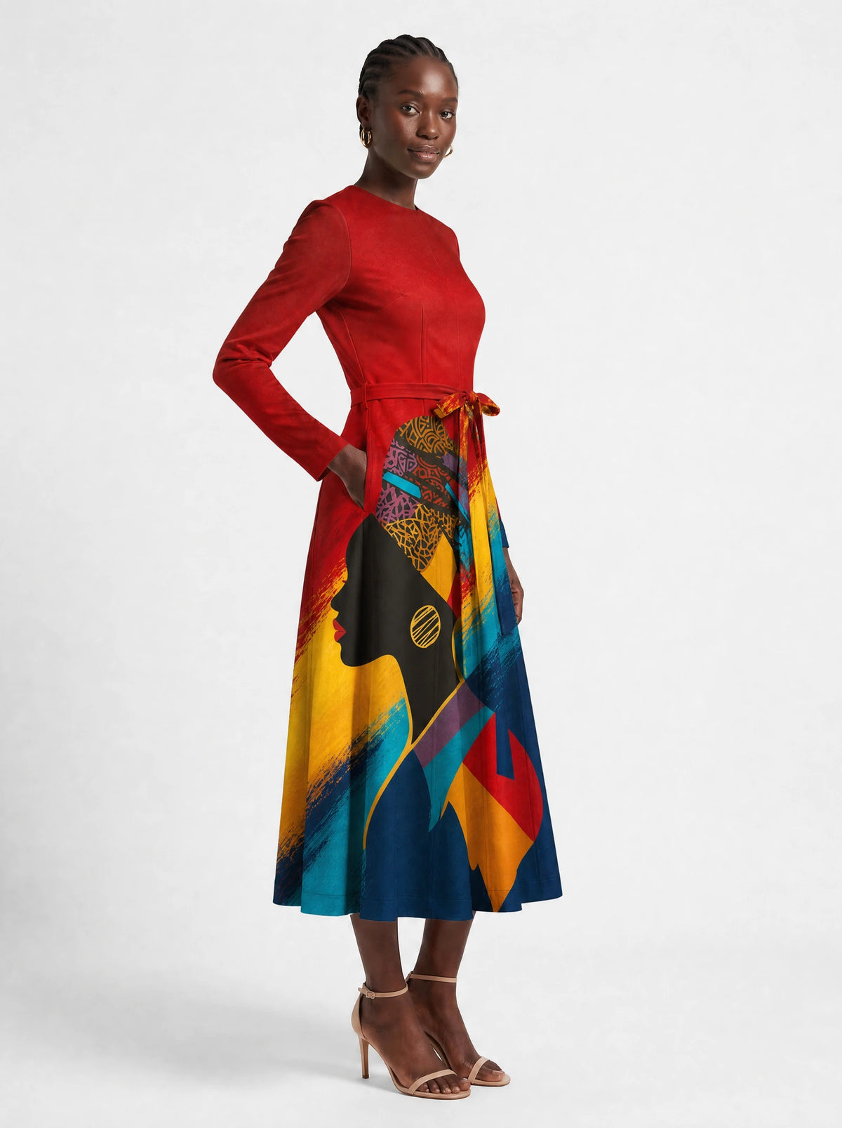 "Nala" Long Sleeve Midaxi Dress — three-quarter view on model, hand in the side pocket