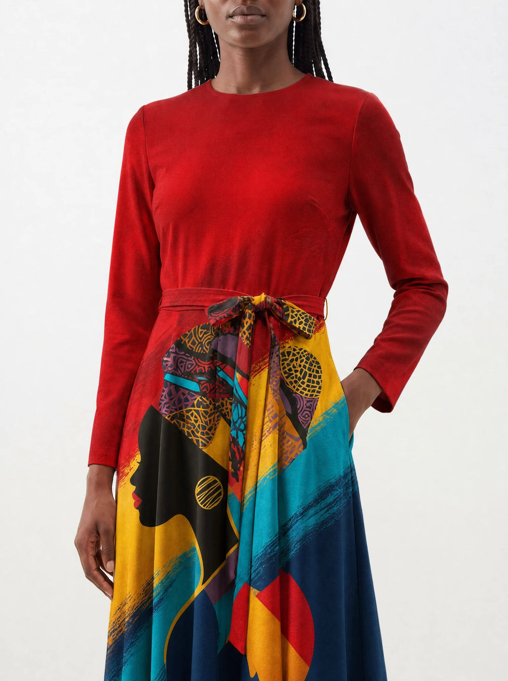 "Nala" Long Sleeve Midaxi Dress — close-up of the tie sash and the in-seam side pocket