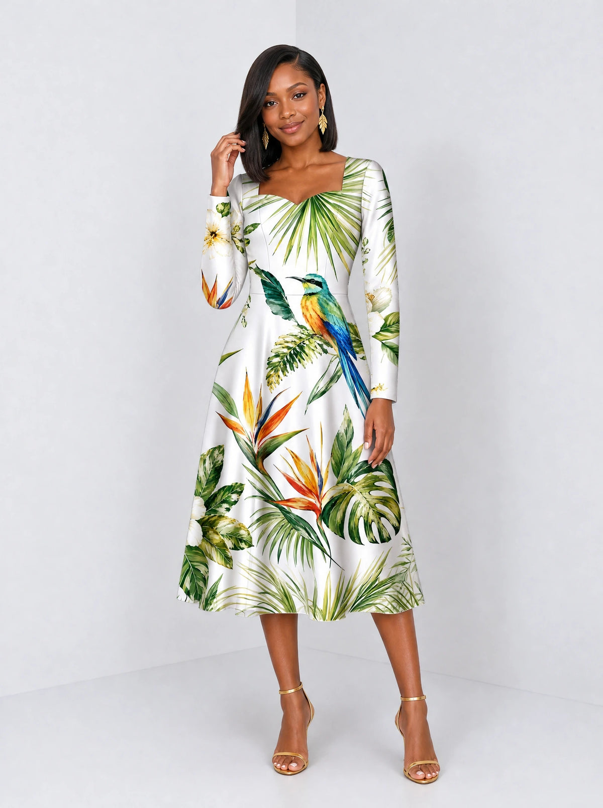 "Ndege" Long Sleeve Sweetheart Midi Dress — front view on model