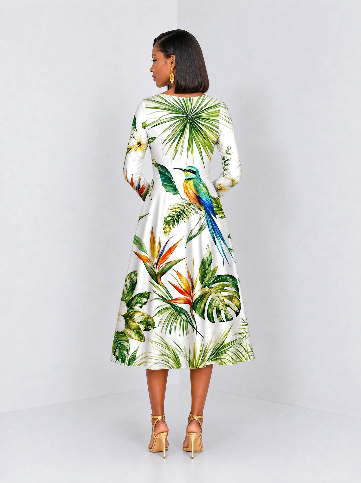 "Ndege" Long Sleeve Sweetheart Midi Dress — back view on model