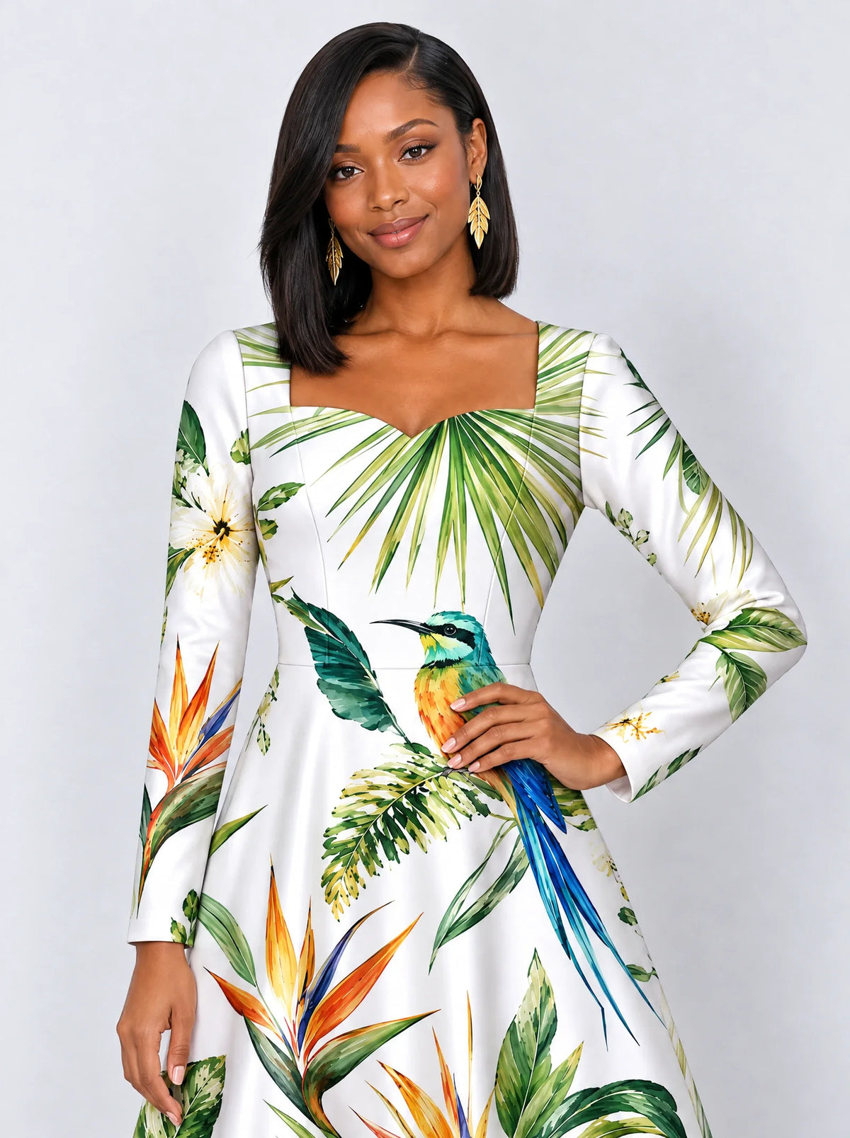 "Ndege" Long Sleeve Sweetheart Midi Dress — print close-up on model