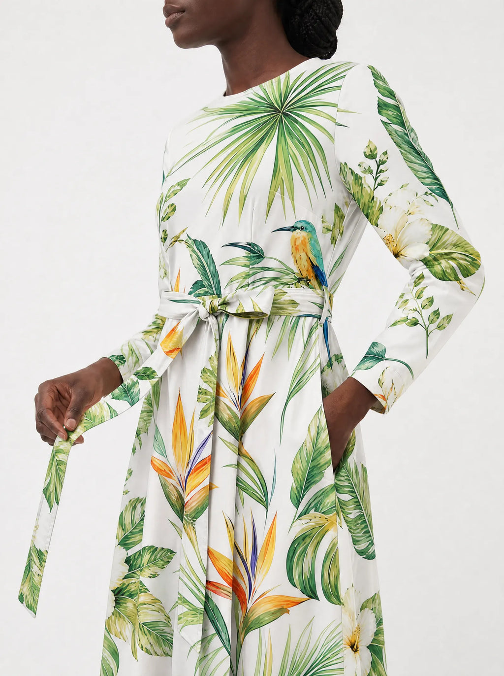 "Ndege" Long Sleeve Midaxi Dress — close-up of the tie sash and the in-seam side pocket