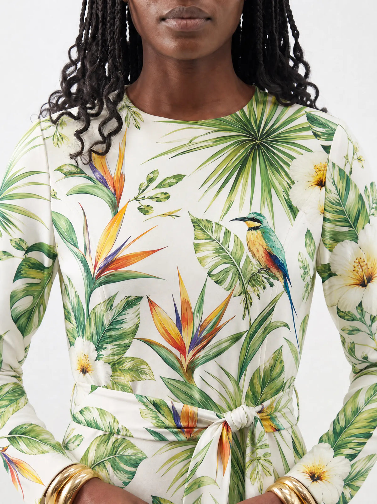 "Ndege" Long Sleeve Midaxi Dress — close-up of the round neckline and long sleeve